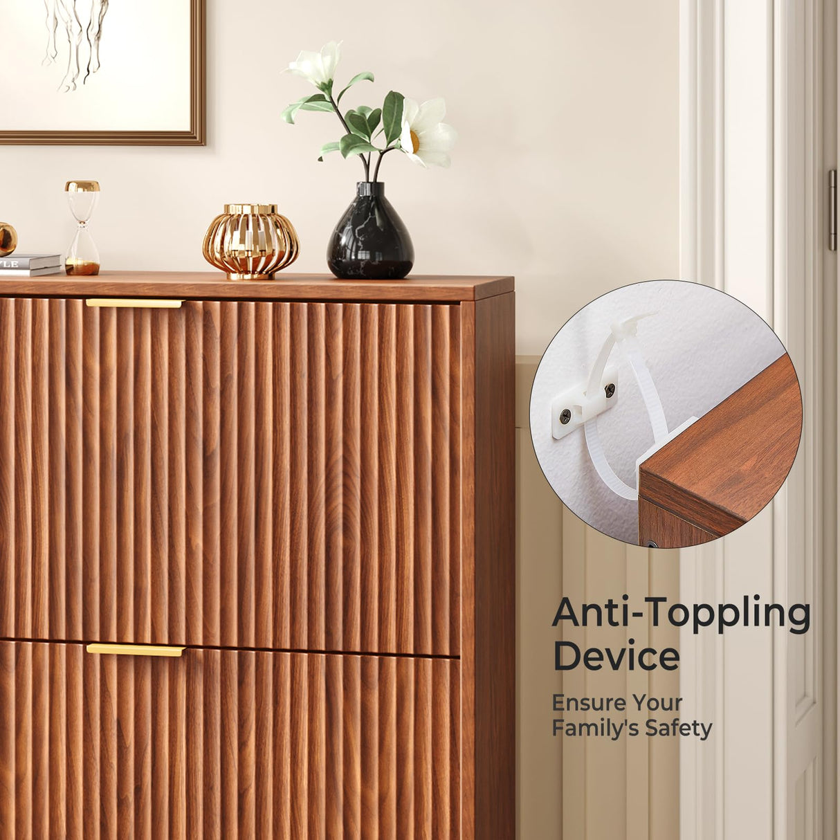 Hootata 31.5''W Walnut Shoe Storage Cabinet for Entryway with 2 Flip Drawers, Fluted Slim Shoe Cabinet, Free Standing Wooden Shoes Organizer for Foyer, Hallway Hootata