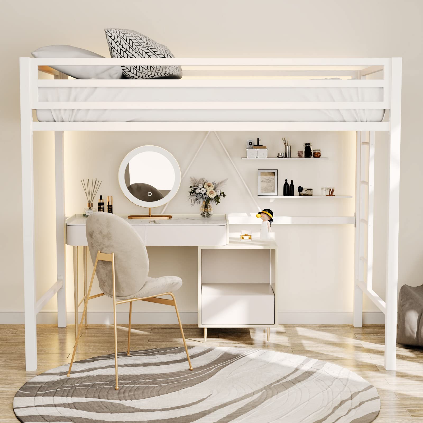 Stylish White Twin Loft Bed with Safety Guard and Removable Ladder by ikalido - WoodArtSupply