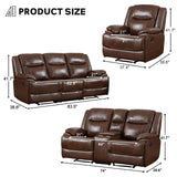 EBELLO Genuine Leather Manual Recliner Sofa Set, 1 Seat Reclining Chair, a Loveseat, a 3 Seater Sofa with Storage Cup Holders, Modern Durable Home Furniture Set for Living Room, Vintage Brown EBELLO