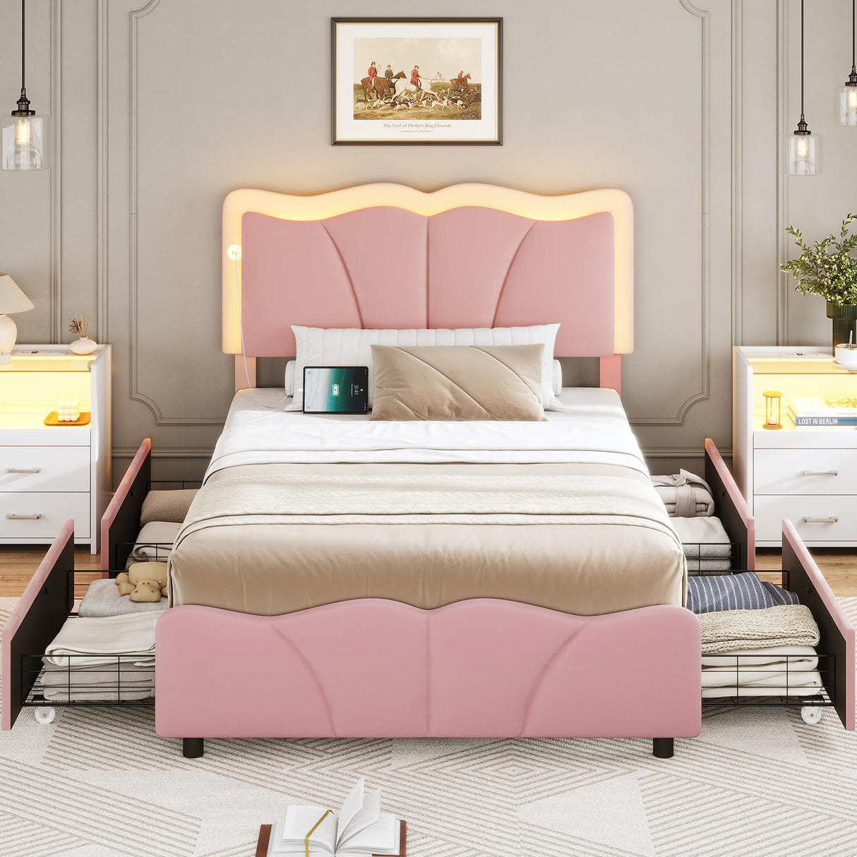 MSmask Twin Bed Frames with 4 Storage Drawers and LED Lights, Velvet Upholstered Platform Bed Frame with Height Adjustable Headboard, LED Bed Frame with Type C & USB, No Box Spring Needed, Pink MSmask