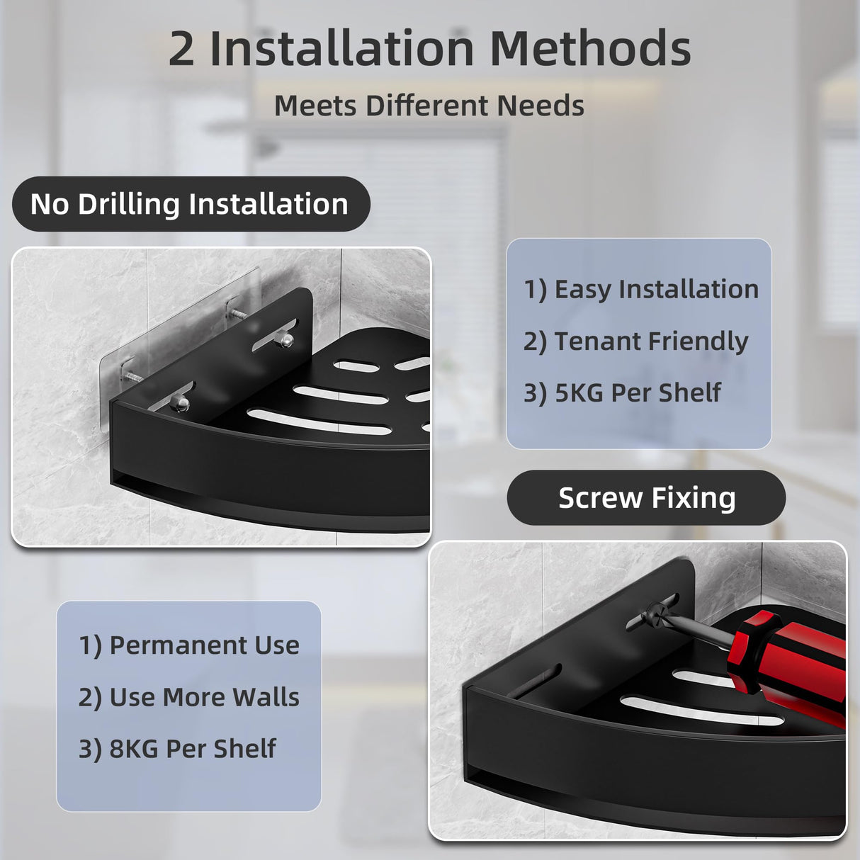 Wisfame Black Corner Shower Caddy - Rustproof Aluminium Triangle Shower Shelf - No Drill & Drill Installation - 2 Bathroom Shelves Wall Mounted (20LB Capacity/Tier) Wisfame