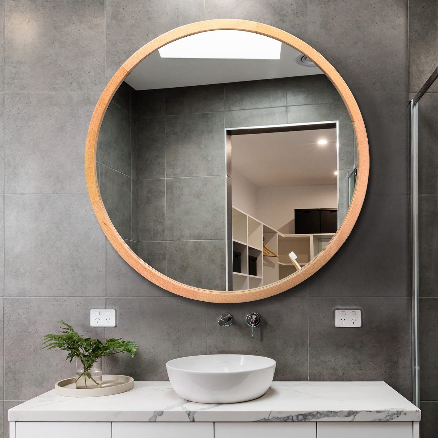 FUWU HOME Wood Round Mirror 24" Circle Wall Mirror Farmhouse Bathroom Vanity Mirror for Living Room Bedroom Entryway Modern Decoration (24" Freely Natural Beech Wood) - WoodArtSupply