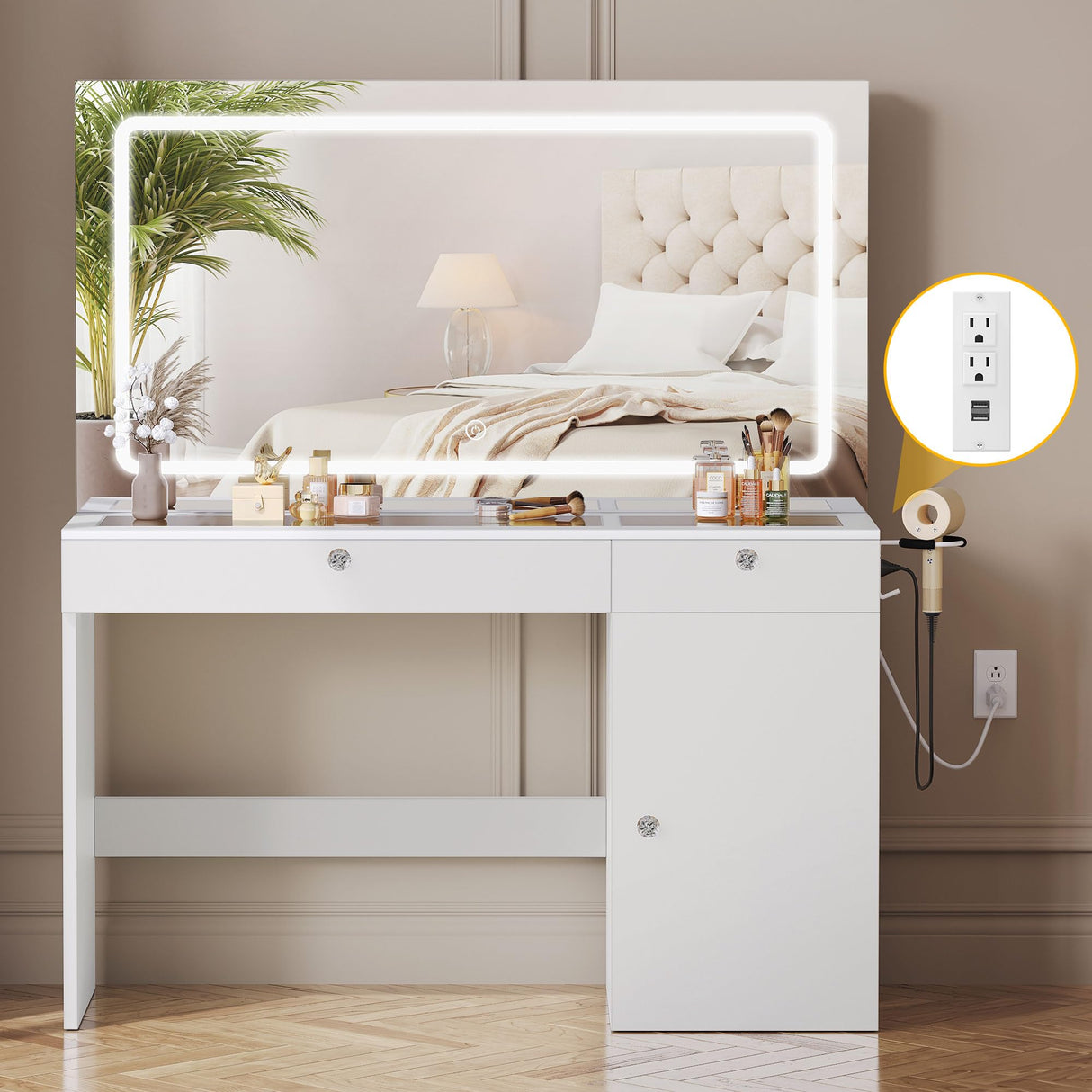 DWVO 47" W Vanity Desk with LED Light and Power Outlets, Large Makeup Vanity with Dividers and Hair Dryer Rack, 3 Level Storage Dresser Makeup Vanities Dressing Table for Bedroom, White DWVO