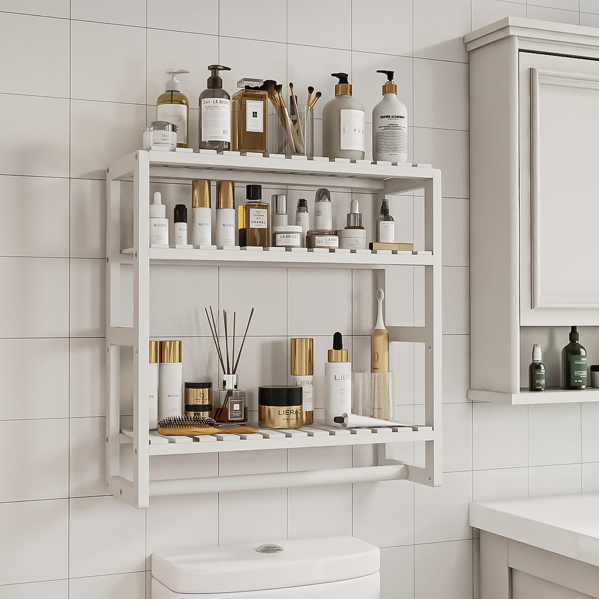 Galood Over The Toilet Storage Bathroom Shelves Wall Mounted 3 Tier Space Saver Corner Shelf Organizer Bamboo Towel Rack Toilet Paper Cabinet with Hanging Rod White Galood