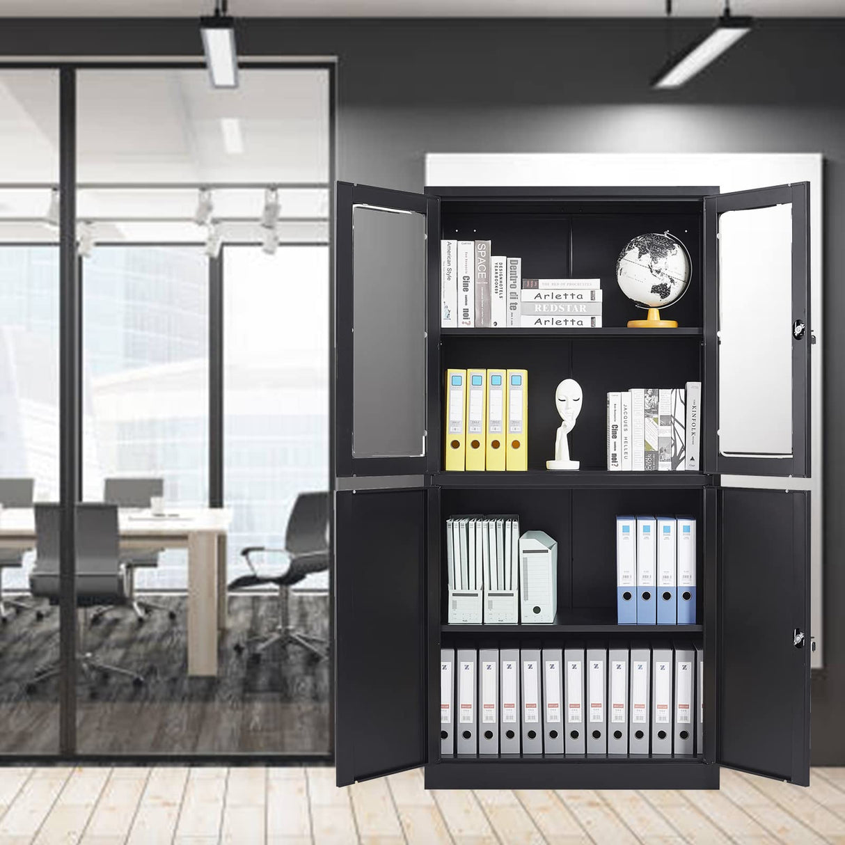 SISESOL Display Cabinet with Glass Doors and Lock,Black Metal Storage Cabinet,Freestanding Locking Kitchen Pantry Cabinets with Doors and Shelves for Home Office,Pantry,Kitchen Bathroom SISESOL