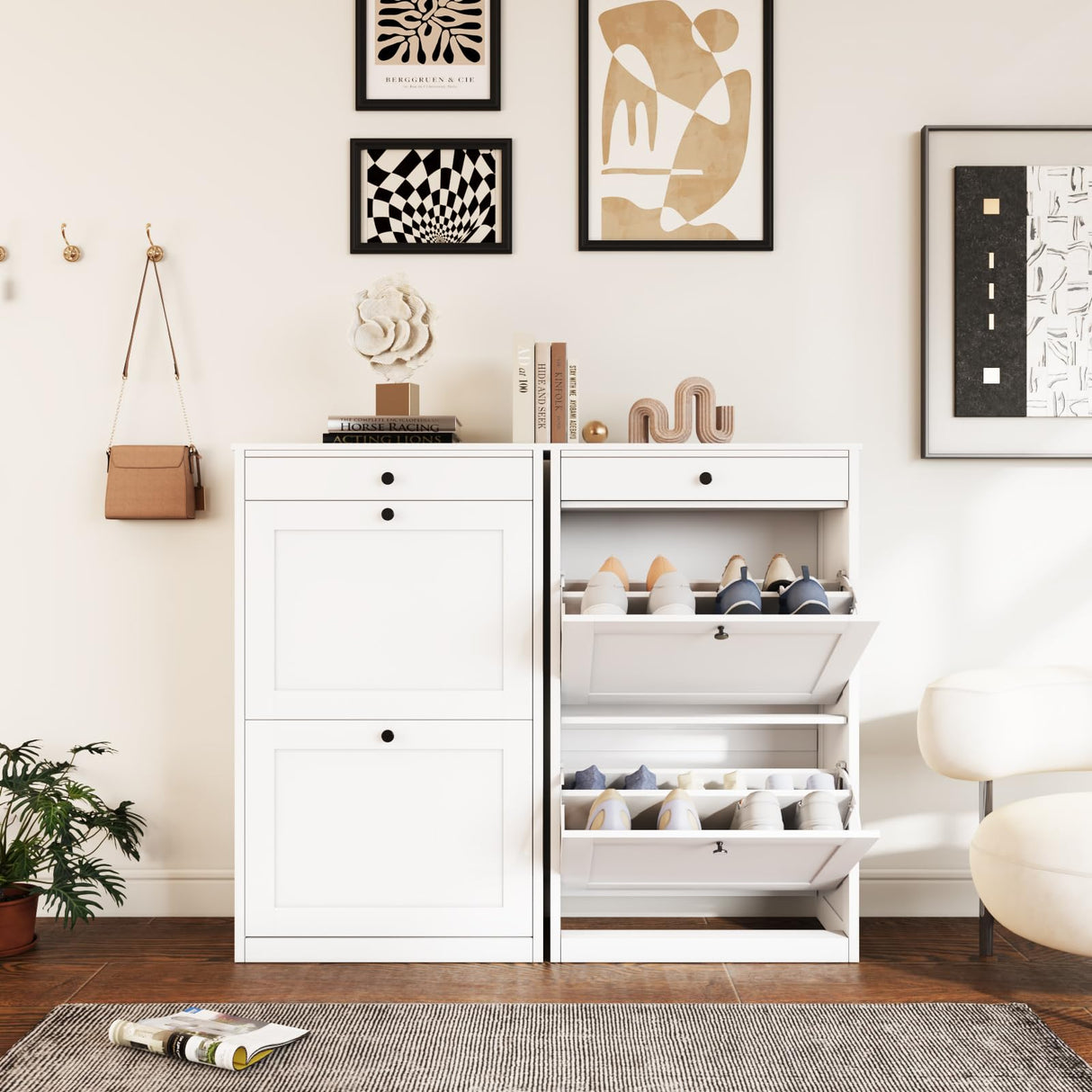 VOWNER Shoe Cabinet with 2 Flip Drawers, Narrow Shoe Storage Cabinet with Drawer, Shoe Cabinet Organizer for Entryway, Hallway, White VOWNER