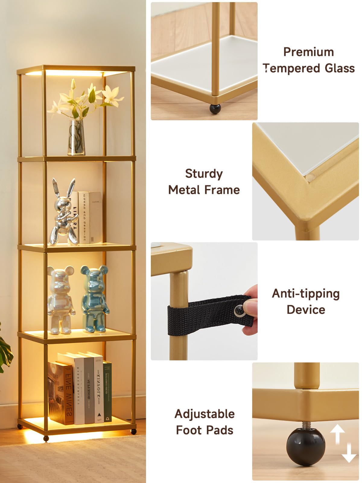 MANBUR Display Shelf with Dimmable LED Floor Lamp, Display Cabinet with Glass Bookcase, Home Decor, Bedroom Decor, Bookshelf with Light, Open Book Shelf with 5-Tier Shelf for Living Room Decor Gold MANBUR