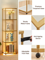 MANBUR Display Shelf with Dimmable LED Floor Lamp, Display Cabinet with Glass Bookcase, Home Decor, Bedroom Decor, Bookshelf with Light, Open Book Shelf with 5-Tier Shelf for Living Room Decor Gold MANBUR