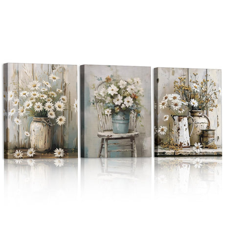 MotiMind 3 Pcs Daisy Bathroom Wall Decor Fall Rustic Farmhouse Pictures Wall Decor Canvas Soothing Calming Nature Botanical Vintage Floral Country Prints Spring Summer for Bedroom 9.84x7.87'' MotiMind