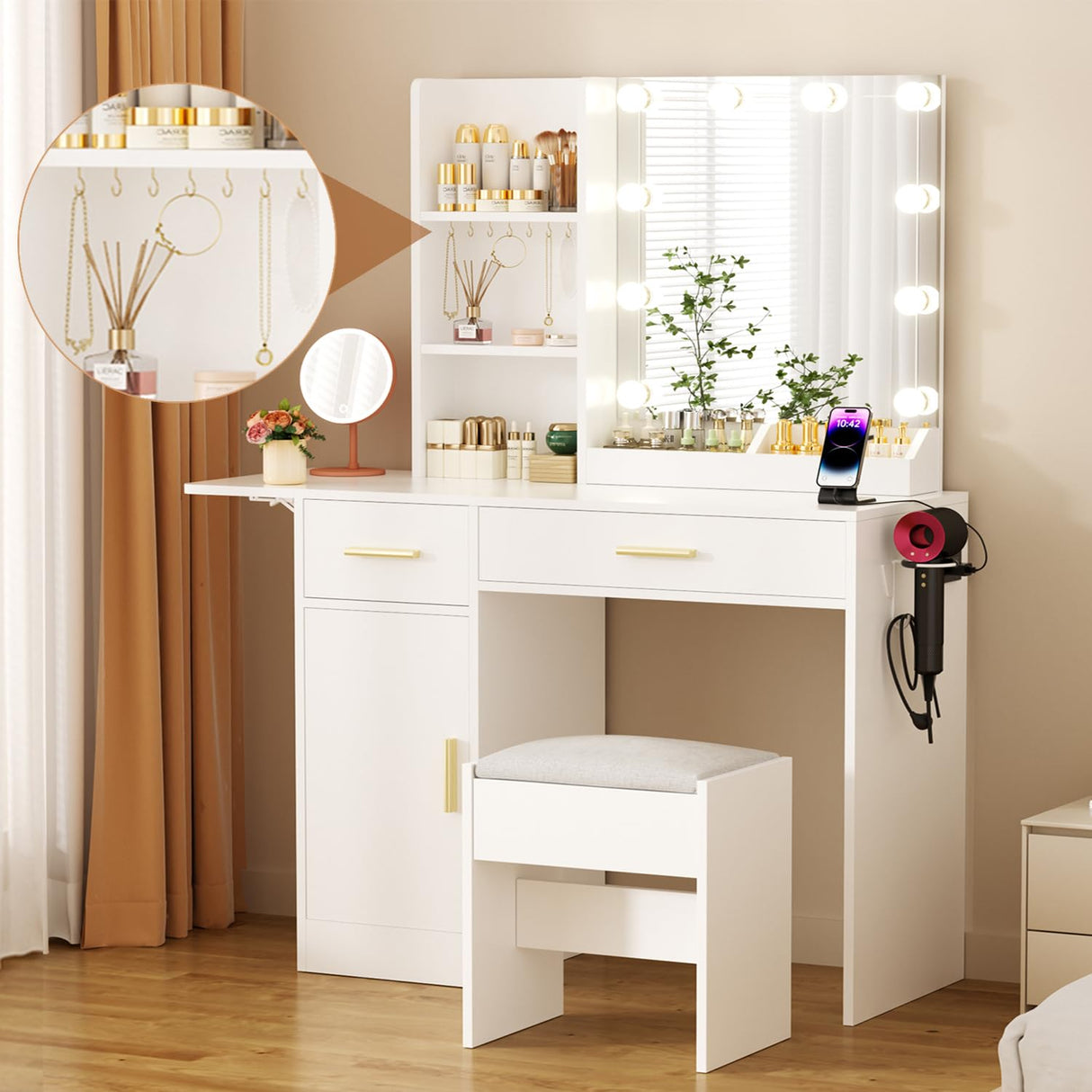 ERLEJIA Vanity Desk with Mirror and Lights & Extral Foldable Desk, 35.43"-43.3" Makeup Vanity Table with Stool and Plug Strip, 5 Drawers and and Open Shelves Dressing Table for Bedroom, White ERLEJIA