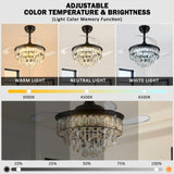 LEONTYNE 36 inch Fandelier Ceiling Fan with Light and Remote LED Dimmable Crystal Ceiling Fan 3 Blades 6 Speeds Invisible Retractable Ceiling Fan for Bedroom Living Room Dining Room (Black) LEONTYNE