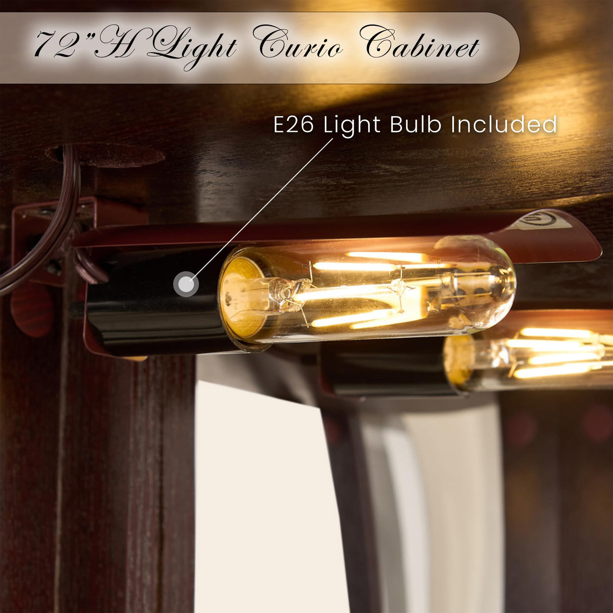 Lighted Corner Curio Cabinet with Tempered Glass Doors and Shelves, 72"H Glass Display Cabinet with Curved Top Carving, Light Bulb Included, Rack for Liquor Storage and Living Room (Dark Cherry) Eyisean