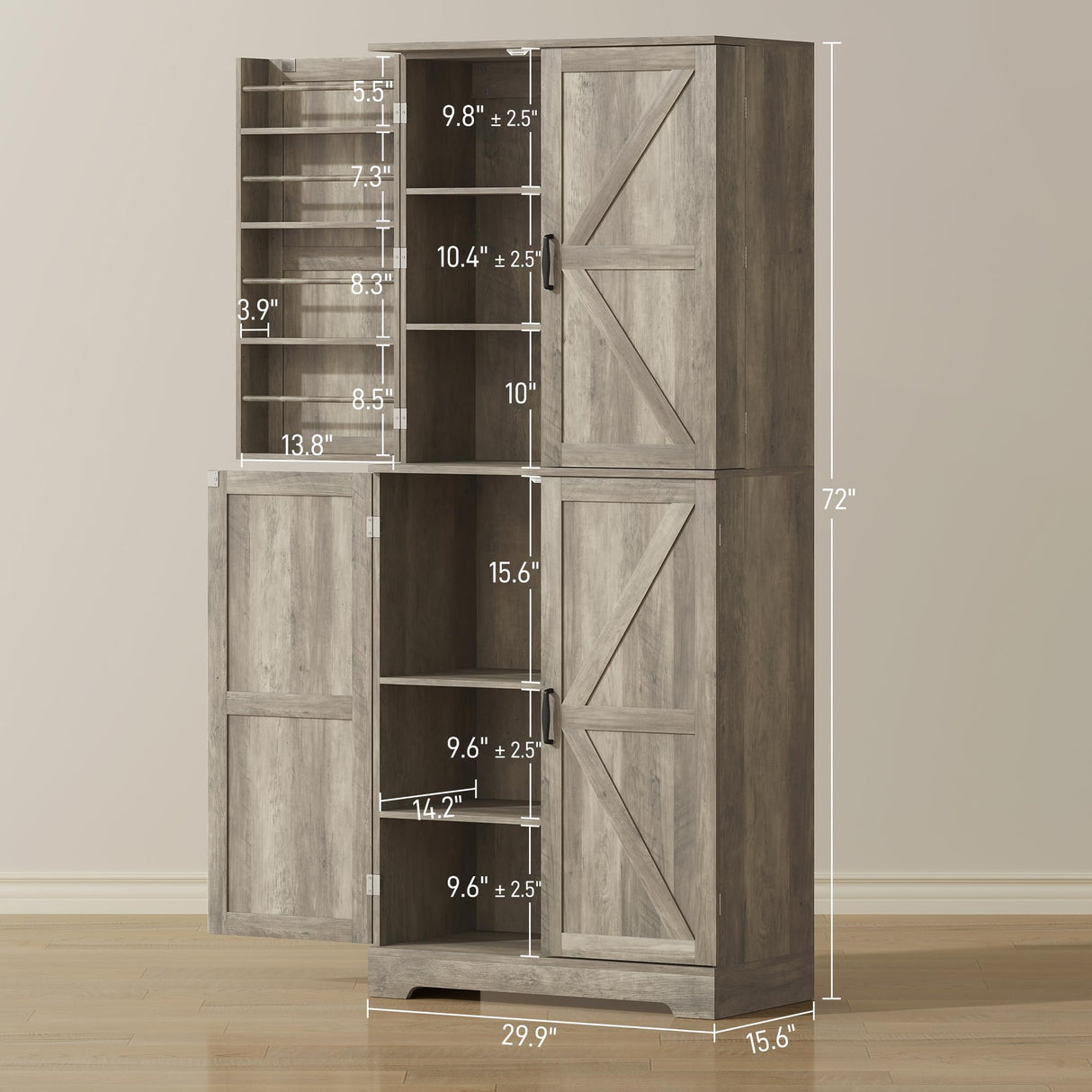 HOMCOM 72" Farmhouse Kitchen Pantry Cabinet, Freestanding Tall Storage Cabinet with 4 Barn Doors, 4 Adjustable Shelves and 8 Door Shelves, Gray Wash HOMCOM