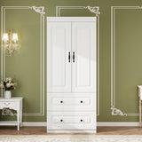 Keloyid Armoire Wardrobe Closet: Wood White Bedroom Armoire Storage Cabinet for Large Capacity with 2 Doors, Tall Armoire and Wardrobe Closet with 2 Drawers & Hanging Rail Keloyid