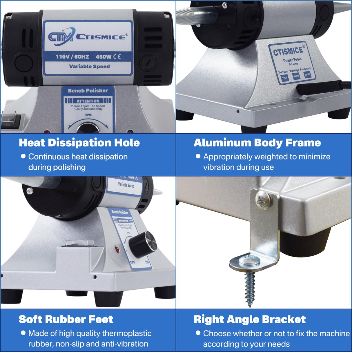 CTISMICE Jewelry Bench Polisher, Adjustable Variable Speed Benchtop Polishing Machine, 450W Buffer Grinder with 8pcs Buffing Wheels, 2pcs Polish Compound, Safety Glasses for Jewelry, Metal, Wood CTISMICE