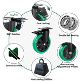 6 Inch Caster Wheels, Casters Set of 4 Heavy Duty, BZOLIHEU Locking Casters, Silent Top Plate Swivel Casters with Brake, Polyurethane Green Castor Wheels for Furniture and Workbench Cart BZOLIHEU