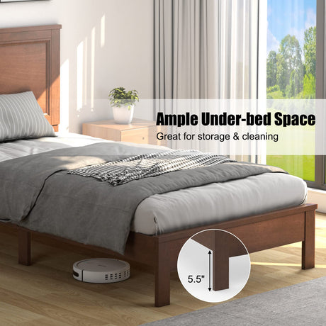 KOMFOTT Twin Size Wood Platform Bed Frame with Headboard, Wooden Mid Century Platform Bed with Slat Support & Under Bed Storage, Mattress Foundation Bed Base, No Box Spring Needed, Walnut KOMFOTT