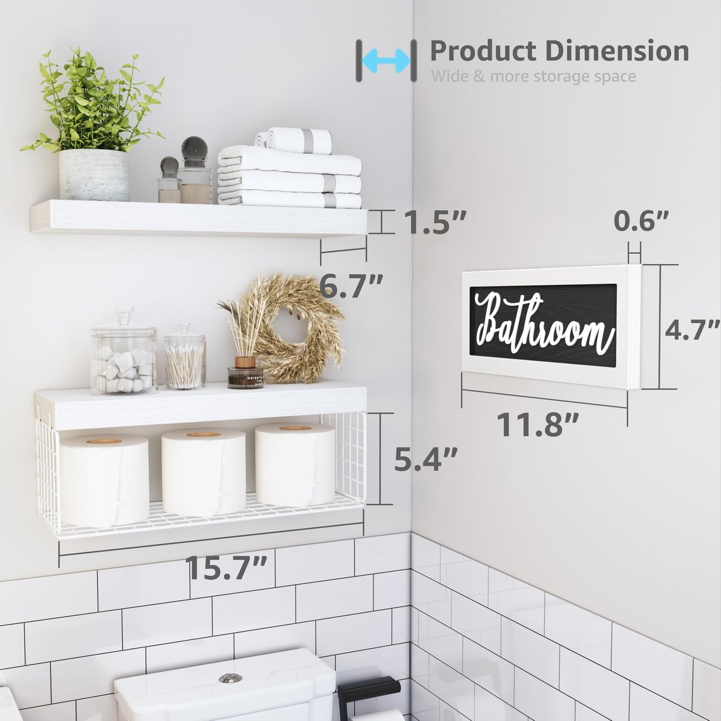 QEEIG ‎Bathroom Shelves Over Toilet Paper Storage Wall Mounted Farmhouse Decor Decorations Aesthetic Décor Sign Small Floating Wall Shelf 2+1 Set 16 inch, White (020WW)