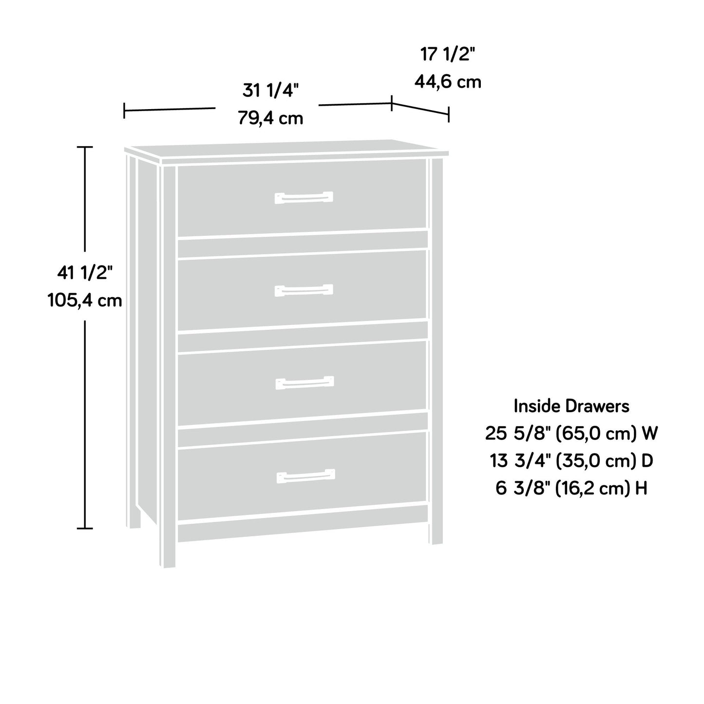 Sauder Cannery Bridge 4-Drawer Chest, L: 31.26" x W: 17.56" x H: 41.5", Sindoori Mango finish - WoodArtSupply