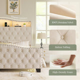 Belffin King Size Bed Frame and Headboard, 50.9" Velvet Upholstered Wingback Bedframe with LED Lights & Storage/Charging Station, Button Tufted Tall Footboard, No Box Spring Needed, Noise-Free, Beige Belffin