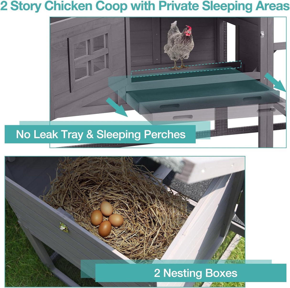 Chicken Coop for 4 Chickens, Mobile Chicken House with with Wheels, Outdoor Hen House Poultry Cage with Nesting Box, Leakproof Pull Out Tray and UV-Resistant Roof (67.3" L x 29" W x 39.4" H) Suumerpety