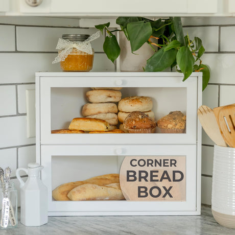 BakedBin Corner Bread Box for Kitchen Countertop - New 2025 Airtight Design - Extra Large, Double Layer White Breadbox, Vintage Storage for Homemade Bread, Under Cabinet Organizer BakedBin