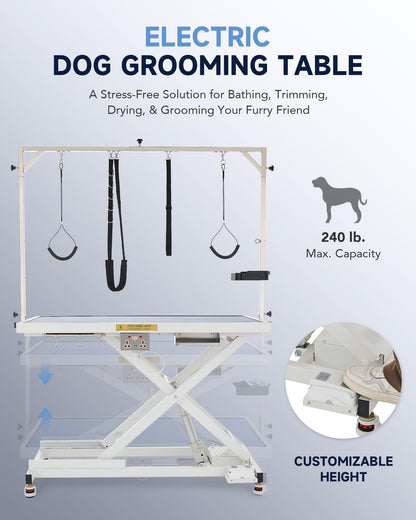 CO-Z Electric Dog Grooming Table, 50" Heavy Duty Pet Grooming Table with Height Adjustable Leveling Wheels 4 Nooses Tool Organizer, Large Dog Grooming Station for Pets Bathing Drying, 240lb Cap, White