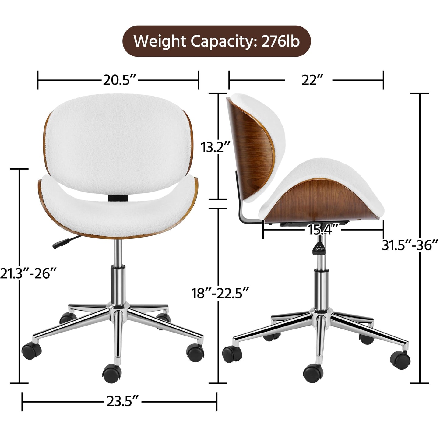 Yaheetech Ergonomic Desk Chair Armless Office Chair Mid-Century Bentwood Seat Computer Chair Boucle Fabric Swivel Chair Height Adjustable for Bar Meeting Room Hotel, White