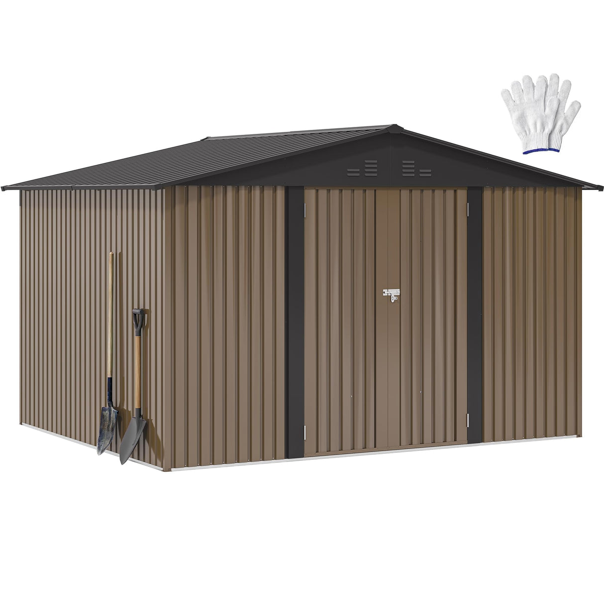 DWVO 10x8ft Metal Outdoor Storage Shed, Waterproof Tool Shed Heavy-Duty Storage Unit with Lockable Door and Vents, Ideal for Bicycles, Tools, Lawnmowers, Backyards, Patios, Lawns - Brown DWVO