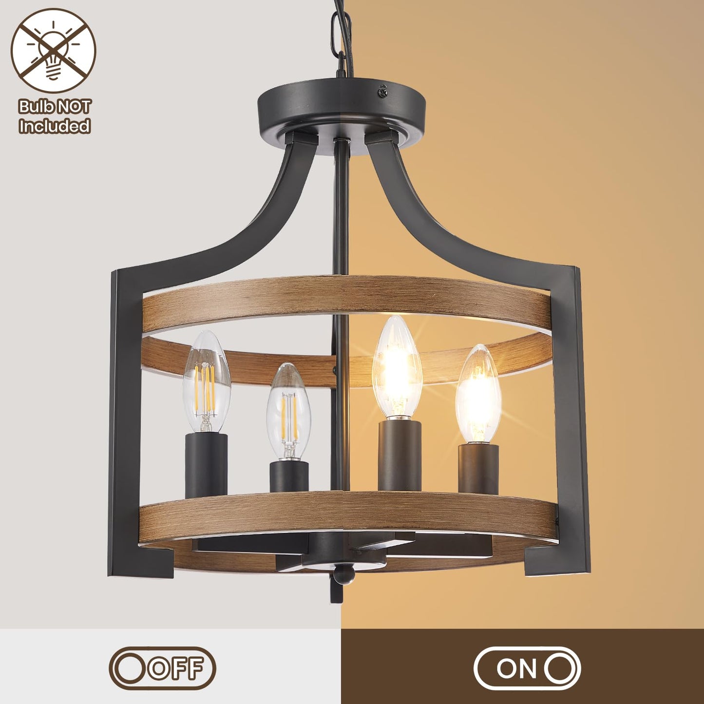 HOXIYA Farmhouse Chandelier, 4 Light Modern Hanging Pendant Lighting, Convertible Semi Flush Mount Ceiling Light, Black and Faux Wood Pendant Light Fixture for Dining Room Kitchen Hallway Bedroom