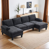 Karl home U-Shape Sectional Sofa Couch 111" Modern 4-Seat Sofa with Chaises Chenille Fabric Upholstered Covertible Couch with Wood Grain Legs for Living Room, Reception Room, Apartment, Black Karl home