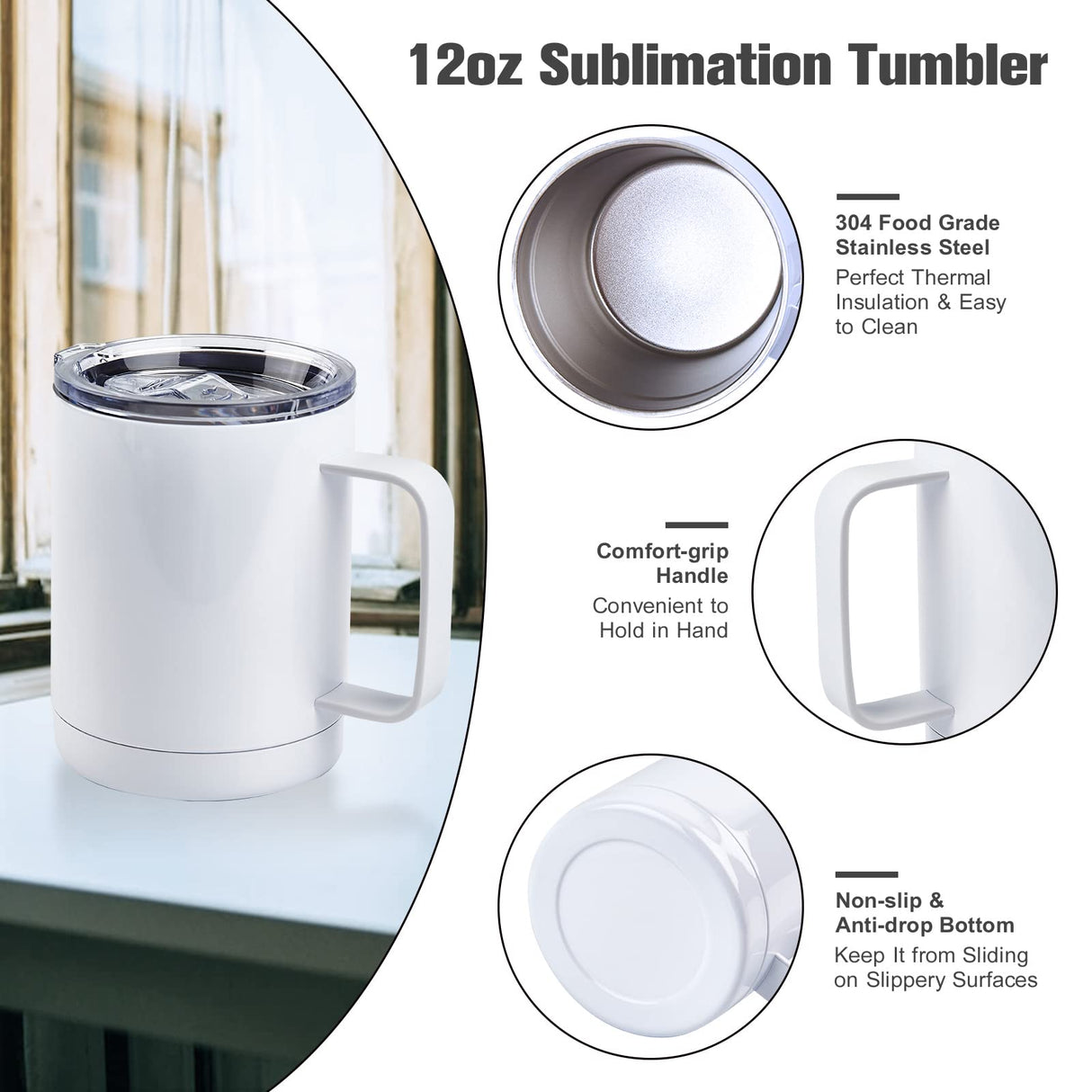 BetterSub 12oz Sublimation Tumbler Mugs with Handle and Sliding Lid, Display Box, Stainless Steel Coffee Camping Mugs Double Wall Vacuum Insulation Sublimation Blank, 12 Packs White BetterSub