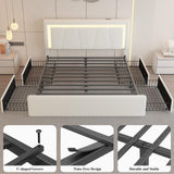 Queen Size Bed Frame with 4 Storage Drawers and LED Lights, Upholstered Platform Bed with Adjustable Headboard and Charging Station, Metal Slats Support, No Box Spring Needed,Easy Assembly, White E-Motie