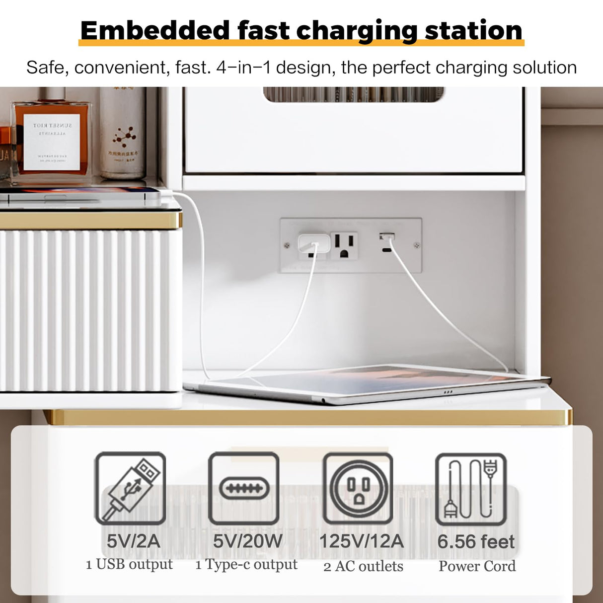 Arulvmrn Makeup Vanity Desk with Mirror and Lights, 48" Big Modern Vanity Desk with 5 Drawers & Shelves, Dressing Table with Charging Station, Glass Top Vanity Table for Bedroom,White Arulvmrn