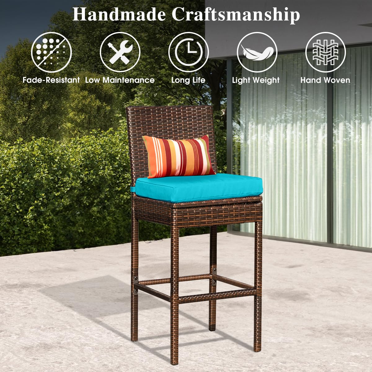 Sundale Outdoor Wicker Bar Stool Set of 4, 30 Inch Seat Height Patio Counter Height Stool with Back Rest, Rattan Woven Tall Chair with Pillow & Blue Cushion, High Bar Stool - Steel, Brown Sundale Outdoor