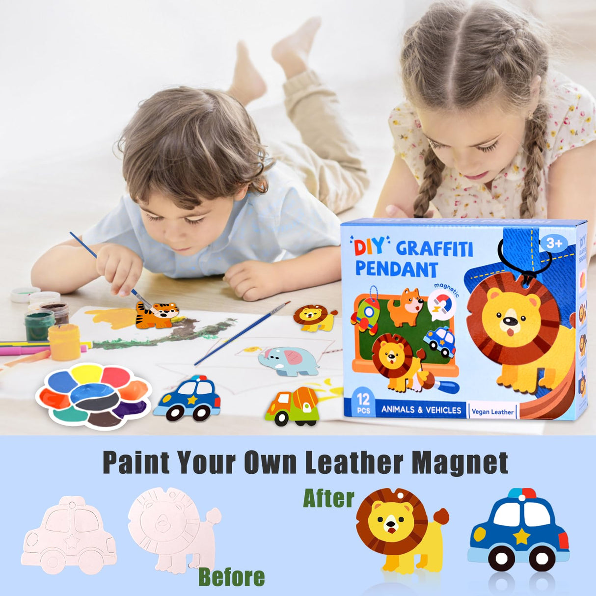 Magnetic Mini Tile Art-DIY Craft Kits for Kids,Fridge magnet painting kit for kids Ages 4-8,Soft Leather Fridge Magnets Craft Paint Set Animals & Vehicles,Party Favors for Kids 8-12 DerzuanAscent