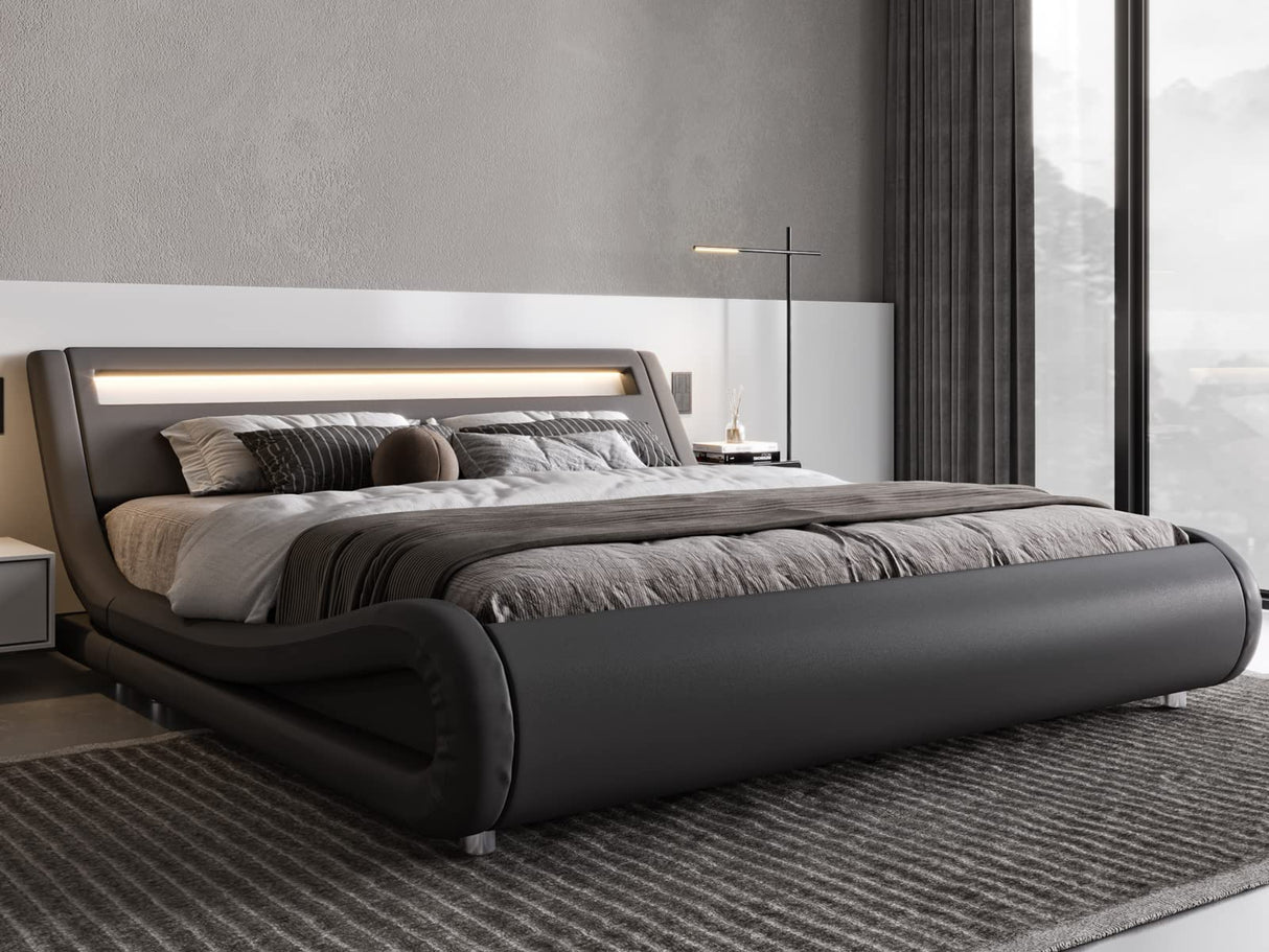 Allewie Grey LED Platform Bed Frame with Adjustable Headboard – No Box Spring Needed Allewie