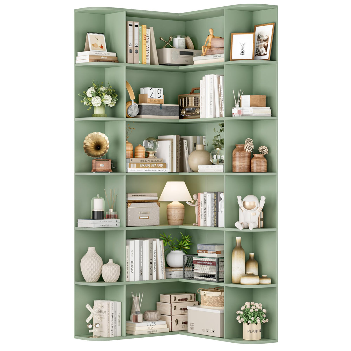 FOTOSOK 74” Tall Corner Bookshelf, 6-Tier Bookshelf and Bookcase with Open Storage, Tall Bookcases Wooden Storage Shelves for Home Office, Thickened Boards for Better Load Bearing, Green FOTOSOK