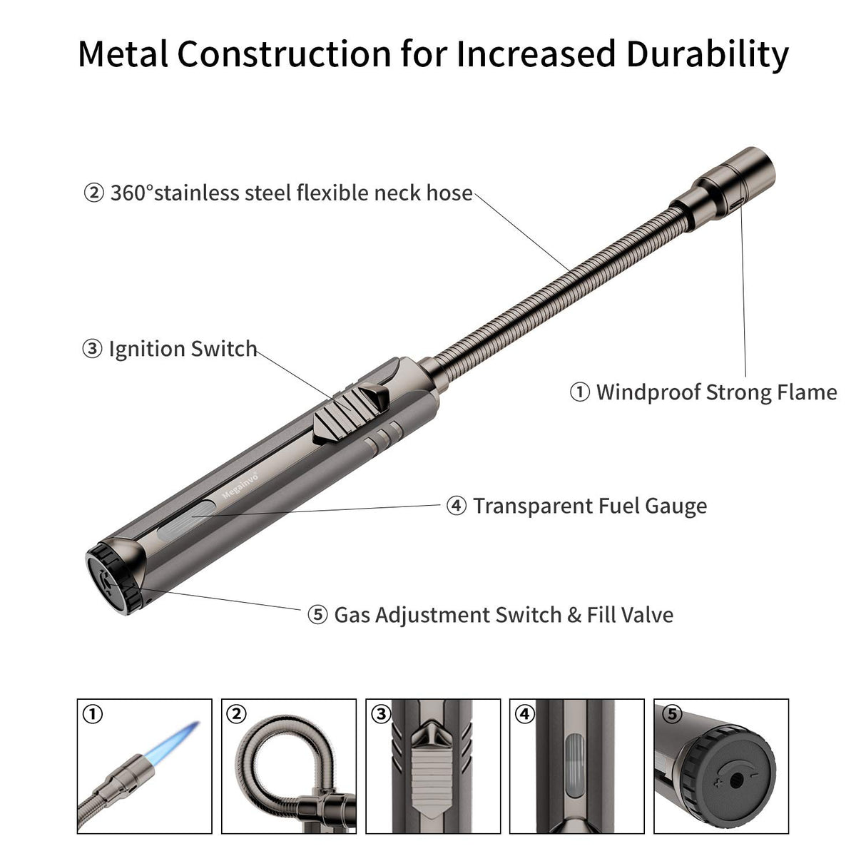 Butane Lighter Torch Long Lighter Refillable Jet Lighter Windproof Lighter with Visual Fuel Window Flexible Neck Lighter for Grill Fireplace Stove Camping Kitchen (No Butane Included) - Black Megainvo