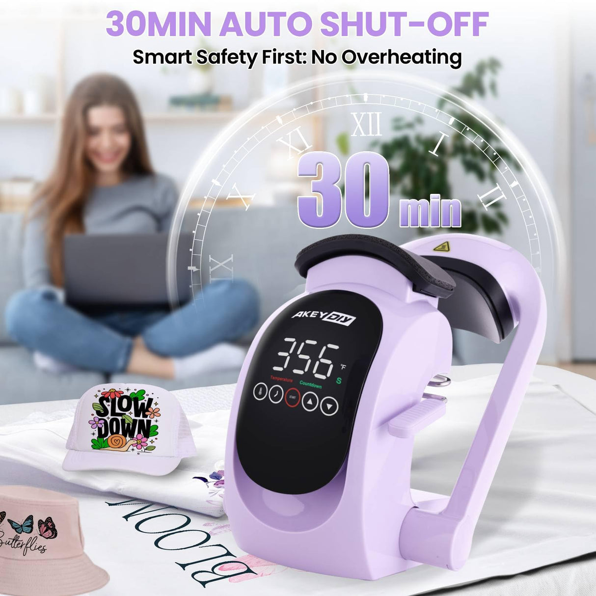 AKEYDIY 3-in-1 Auto Hat Heat Press Machine for Caps, with 3pcs Interchangeable Platens, Automatic Open & Release, Touchscreen for Precise Time & Temp Control, Heat Transfer Printing for Caps, Purple AKEYDIY