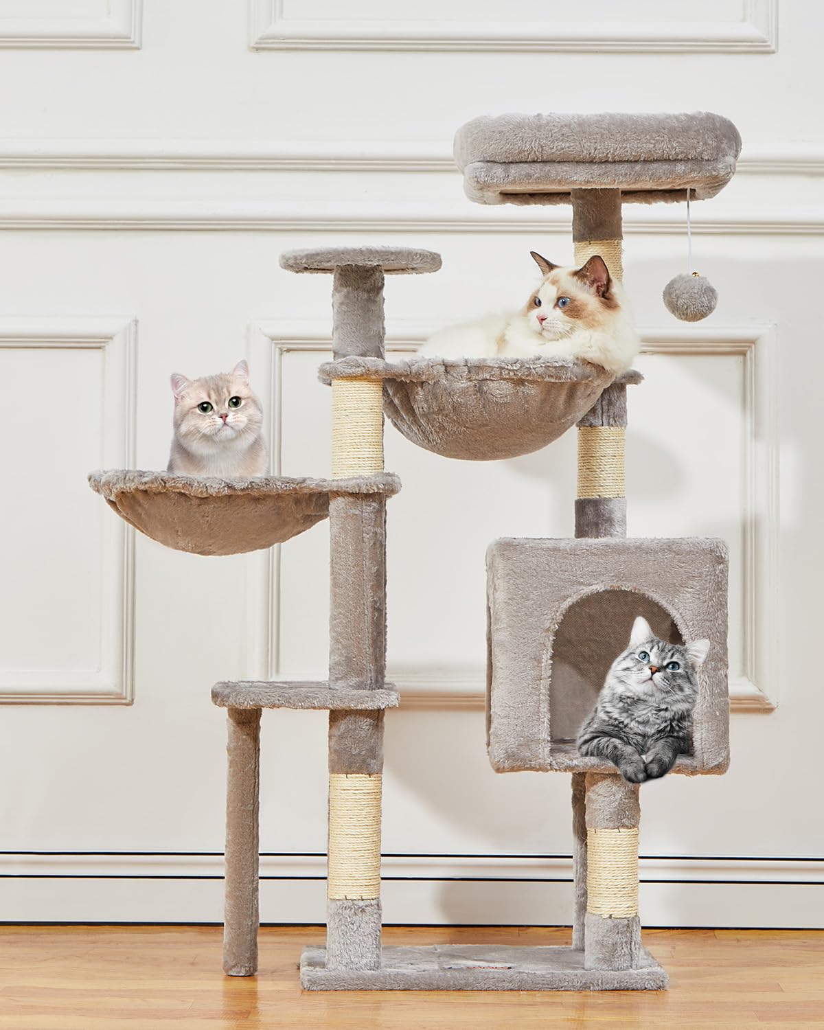 Taoqimiao Cat Tree, 39.4-Inch Cat Tower for Indoor Cats,Suitable for Kittens,Plush Cat Condo with 5 Scratching Posts, Plush Perch,2 Hammock,Pompoms, MS019W Light Gray Taoqimiao