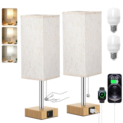 Wood Grain Bedside Table Lamps Set of 2 - Bedroom Lamps with 3 Color Temperatures (3000K/5000K/4000K), Two Square Nightstand Lamps with USB C + A Charging Ports, Pull Chain Small Night Light