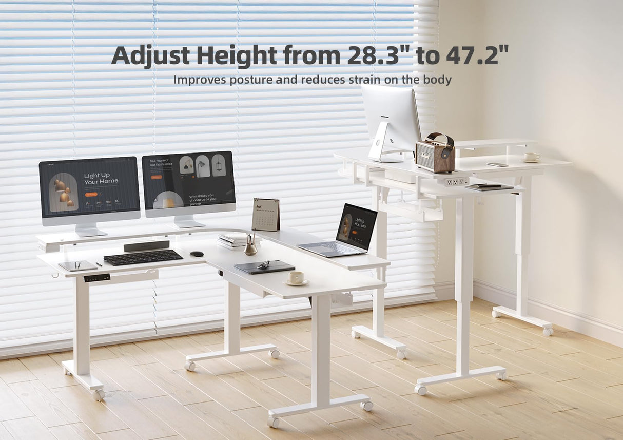 Claiks 63" L Shaped Standing Desk with Drawers and LED Lights, Height Adjustable Electric Corner Standing Desk with Monitor Stand & Power Outlet, 4 Memory Preset, White Claiks
