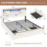 Hasuit Farmhouse Bed Frame California King Size with Storage Bookcase Headboard, Wooden Cal King Bed with LED Lights, Charging Station, 2 Drawers, Country Rustic Bed Frame with Sliding Barn Door Hasuit
