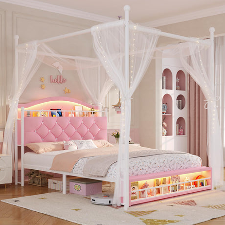 ADORNEVE Queen Canopy Bed Frame with LED Lights and Charging Station, Velvet Upholstered Platform Bed for Girls,Headboard with Charging Station & Guardrail & Crystal Button,Pink ADORNEVE