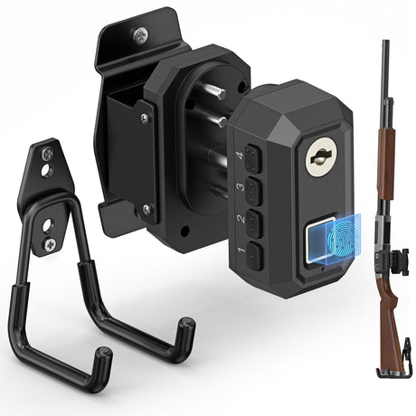 ONNAIS Gun Lock Wall Mount - Quick Access Biometric Trigger Lock with Gun Rack for Wall, Vertical Heavy Metal Wall Hooks for Rifle, Shotgun & Pistol, Space-Saving Hidden Storage for Garage, Desk, Car ONNAIS