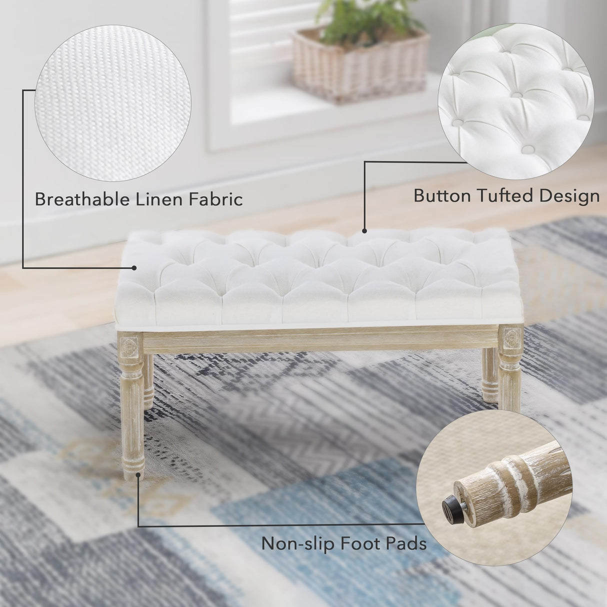 LOULENS French Vintage Bench, Linen Fabric Entryway Bench, Upholstered Tufted End of Bed Bench with Brushed Wood Legs, White LOULENS