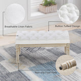 LOULENS French Vintage Bench, Linen Fabric Entryway Bench, Upholstered Tufted End of Bed Bench with Brushed Wood Legs, White LOULENS