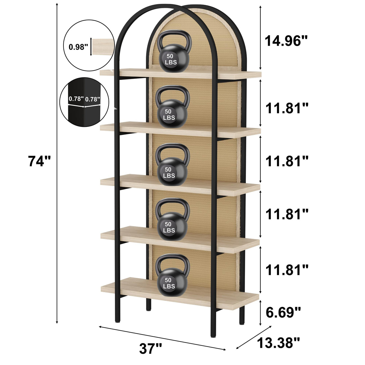 Yusong Bookshelf Rattan 5 Tier Arched Bookcase, 74" Tall Industrial Open Book Shelves for Living Room, Modern Freestanding Display Shelving Boho Storage Rack with Metal Frame for Office, Brown Yusong