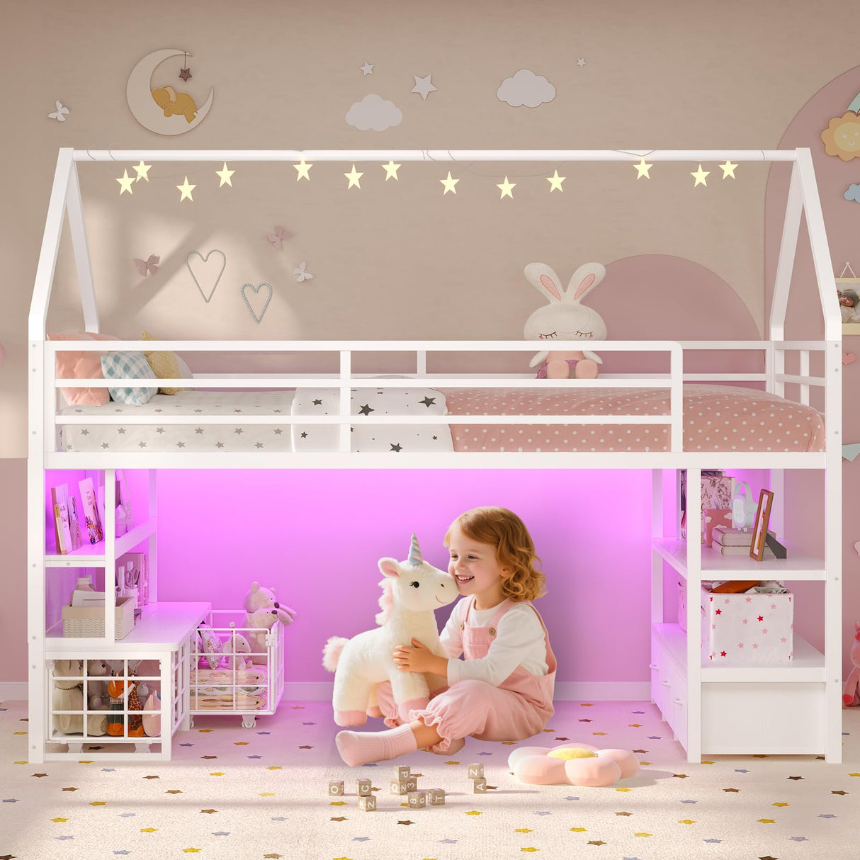 ADORNEVE Low Loft Bed Twin Size with 5 Storage Drawers, Twin Loft Bed with Bookcase & LED Lights, Open Storage Shelves, Metal House Bed with Safety Guardrail & Under-Bed Play Space for Kids, White ADORNEVE